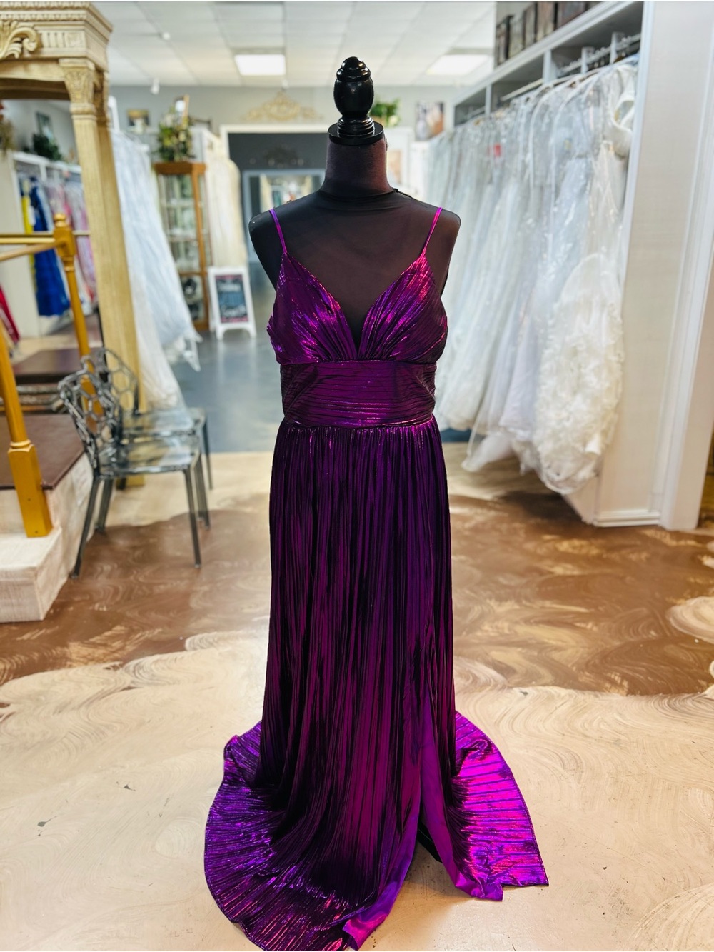 Metallic Deep Purple Pleated Maxi Dress with Spaghetti Straps